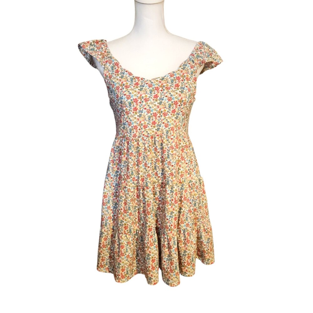 Monteau Los Angeles Tiered Mini Dress Ruffled Cap Sleeve Red Blue Floral Size M